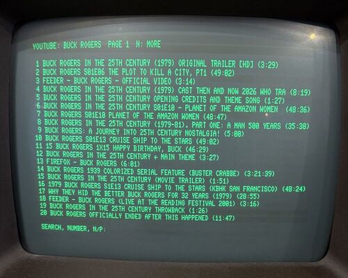 A Commodore 8296 shows the YouTube search screen with 20 results for Buck Rogers